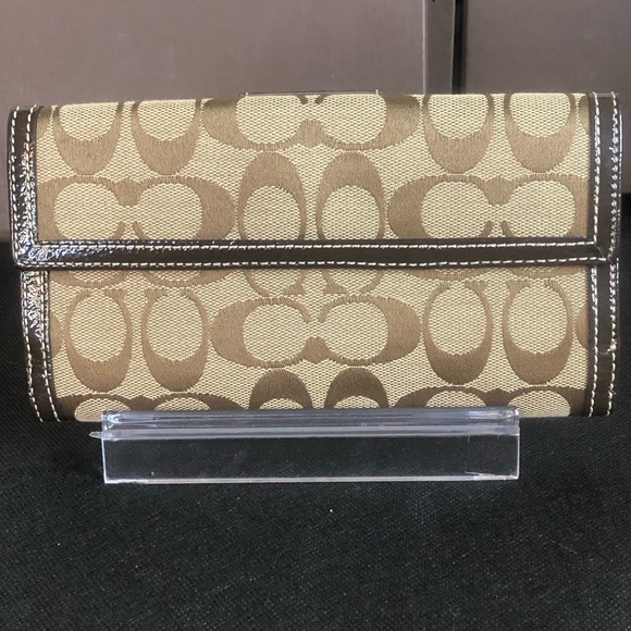 COACH Brown Monogram Silver Twist Lock Bifold Wallet with Contrasting Stitch - Picture 16 of 17